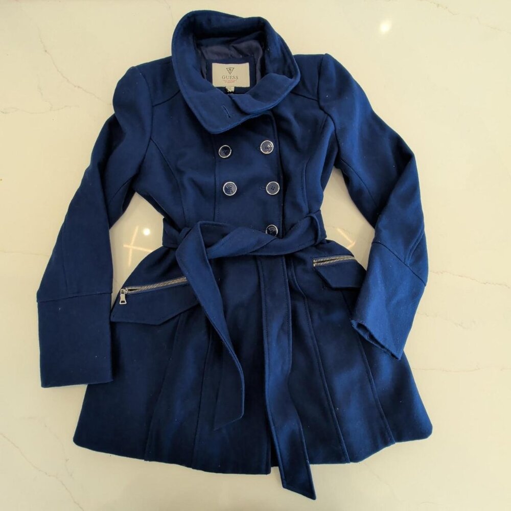 GUESS Wool Blend Sz M Navy Blue Belted Double breasted Peacoat Dark Academia